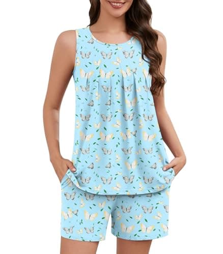 Enjoysoul Plus Size Summer Pajamas for Women Set 2 Piece Pjs Sets Sleeveless Sleepwear Ladies Short Lounge Outfits with Pockets, X-Large, Colorful Butterfly-Blue