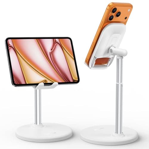 Lamicall Height Adjustable Phone Stand - White Sturdy Desktop Cell Phone Holder, Computer Office Desk Accessories for Women Kitchen Essentials, for iPhone iPad Tablet, 4-10"