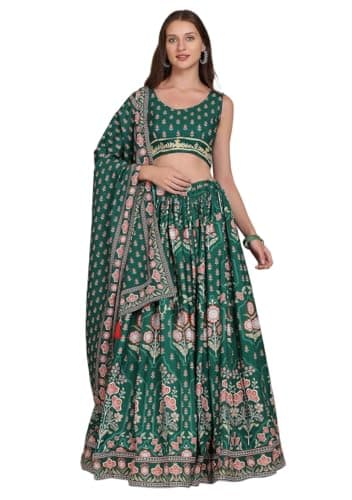 Indya Women's Green Crepe Printed Sleeveless Round Neck Lehenga Set