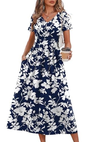 OFEEFAN Summer Dresses for Women Flowy Short Sleeve V Neck A Line Dress Spring Beach Vacation Casual Dresses Midi Maxi Dress Sundresses for Women Navy White Floral XL