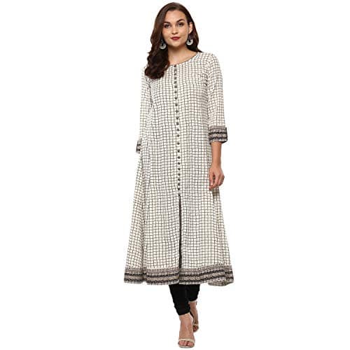 Yash Gallery Women's Cotton Slub Checks Print Anarkali Kurta (White)