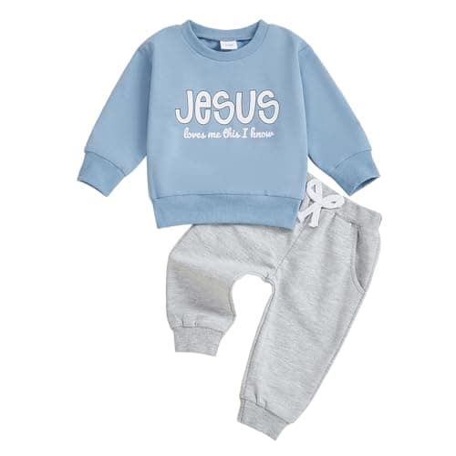 Kupretty Toddler Baby Boy Fall Winter Clothes Letter Graphic Long Sleeve Sweatshirt Pullover Tops + Joggers Pants Outfit Set (Jesus loves me-blue, 3-4T)