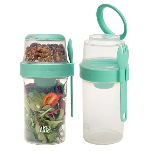 Tasty Salad Shakers with Spork...Compartments, 2-Pack Set, Aqua
