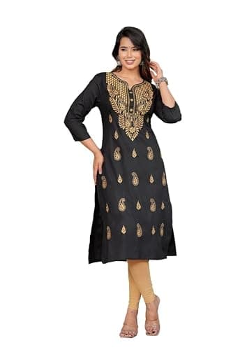 JG JAI GOVINDAM Indian Hand Embroidered Kurti for Women Chikankari Straight Cotton Long Kurti's Tunic Kurta Dreses for Women (Black Gold-XXL)