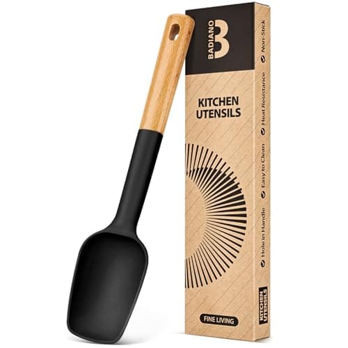 Silicone Spoon Spatula, Great For Scraping Bowls And Scooping Batter, Sturdy Bpa-Free Matte Silicone, Wooden Handle Rubber Spatula For Nonstick Cookwares (BLACK)