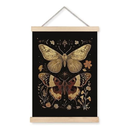 Moody Moth Framed Canvas Wall Art and Poster – Vintage Witchy Gothic Botanical Moth Floral Insect Prints Hanging Wall Art, Dark Cottage Core Prints Painting for Living Room Bedroom, House Warmming Gifts New Apartment
