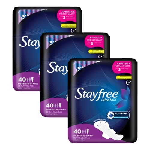Stayfree Ultra Thin Overnight Pads with Wings, For Women, Reliable Protection and Absorbency of Feminine Moisture, Leaks and Periods, 40 count - Pack of 3