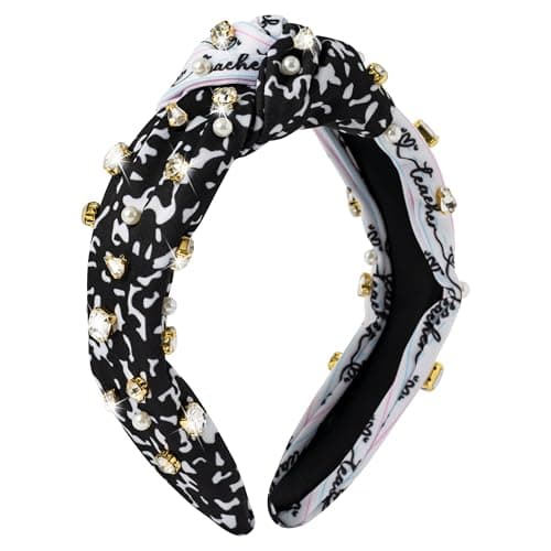 PANTIDE Teacher Jeweled Knotted Headband - Teacher Appreciation Composition Notebook Rhinestone Pearl Embellished Headband Top Knot Hair Accessories Back to School Gift For Women Girls (Black White)
