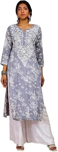 Aashita Creations Women's Embroidered Streight Kurta, Grey, Long Sleeve, Cotton Blend, Ethnic Wear, Only Kurti (US, Alpha, Medium, Regular, Regular, Grey)