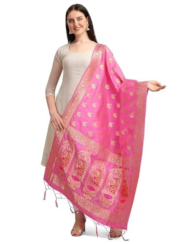 Fashtastic Women's Woven Banarasi Silk Zari Dupatta/Chunni, Width 1 Meter, Length 2.5 Meter (Sweet Pink)