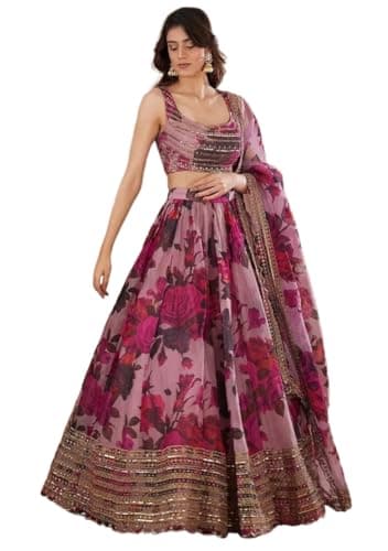 Indya Pink Embroidery Organza Lehenga Set – Floral Print for Wedding | Sleeveless | U Neck | Indian Ethnic Wear