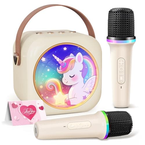 Karaoke Machine for Kids with 2 Wireless Microphones,Girls Speaker with Unicorn Colorful LED Lights,Birthday Gift for 3-12 Years Old,Portable Toys for Home Party
