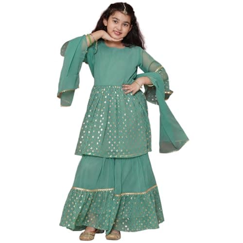 AJ DEZINES Girls Indian Ethnic Wear Salwar Kameez For Kids|Girls Punjabi Suit|Kids Kurta Sharara Set|Indian Dress|Green-32