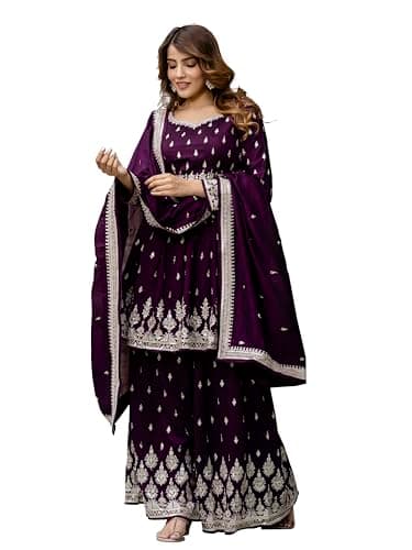 TRENDMALLS Women's Art Silk Embroidery Pleated Kurta Sharara with Dupatta Salwar Suit Set (G296-Purple-XXL)