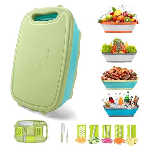 Gintan Camping Cutting Board, 9-in-1 Collapsible Chopping Board with Colander, Kitchen Vegetable Washing Basket  (Blue Green) $12.48
