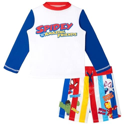 Marvel Spidey and His Amazing Friends Toddler Boys Rash Guard & Swim Trunks UPF 50+ Swim Set White/Red/Blue/Yellow 4T