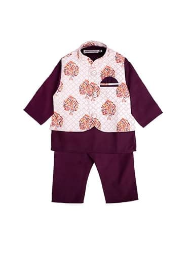 Superminis Boys Solid Color Kurta Pyjama With Printed Fancy White Base Jacket (Wine, 18-24 Months)