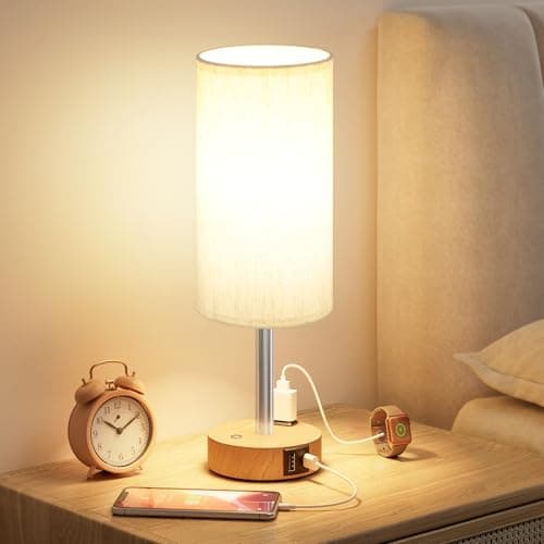 Touch Bedside Table Lamp with Memory - Stepless Dimmable Lamp for Bedroom, Small Nightstand Lamp with Dual USB Charging Ports and AC Outlet, Wood Night Light, Desk Lamp for Nursery, Living Room, Dorm
