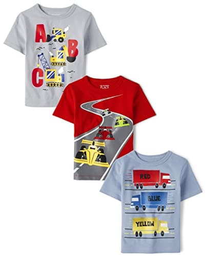 The Children's Place,and Toddler Boys Short Sleeve Graphic T-Shirt 3-Pack,ABC Construction/Color Trucks/Speedway Racers,18-24 Monts