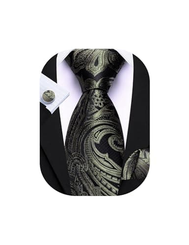 Barry.Wang Olive Green Black Tie for Men Paisley Silk Necktie Pocket Square Cufflinks Set Formal Wedding Party Business