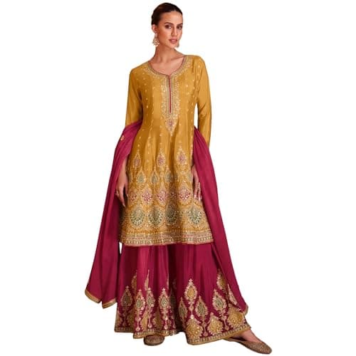 The kurti bazaar Indian Beautiful Outfits Pakistani Designer Ready to Wear Salwar Kameez Plazo Suits (US, Numeric, 56, Regular, Regular, Yellow)