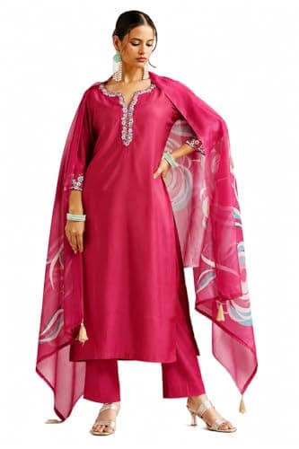 Maple Clothing Indian Women’s Silk Blend Cotton Kurta Set with Dupatta Wedding Guest Outfit (Pink, XS)