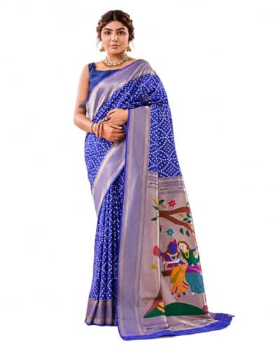 HIRNIL Traditional Pure Silk Bandhani Saree with Rich Paithani Pallu and Zari Border Saree with Unstitched Blouse piece (Royal Blue)