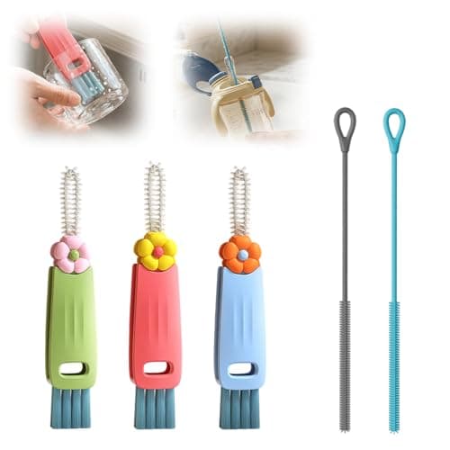 3PCS 3 in 1 Cup Lid Cleaning Brush and 2PCS Silicone Straw Cleaner Brush for Bottle, Multifunctional Crevice Portable Cup Lid Cleaning Brushes, Flexible Straws Cleaning Brush Set for Water Bottles