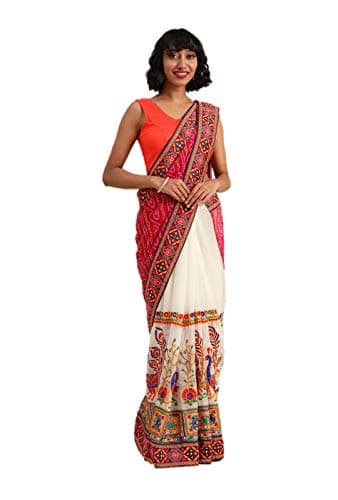 saree for Womens Ethnic Indian Wedding Gift Sari With Blouse Piece party wear (White & Pink, Unstitched)
