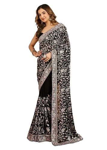 TRENDMALLS Women's Georgette Multi Colour Resham Thread Embroidery with Siroski work Saree with Unstitched Blouse Piece (K1234-Black)