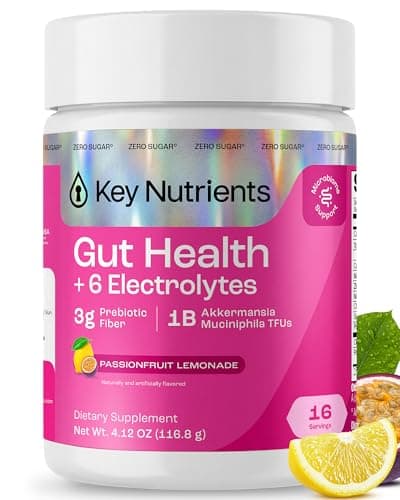KEY NUTRIENTS Electrolytes Powder No Sugar - Passionfruit Lemonade with 6 Electrolytes & Minerals- Prebiotic Fiber & Akkermansia Postbiotic Hydration Powders - 16 Servings - Made in USA