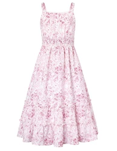 GRACE KARIN Girls Summer Spring Dress Size 14-16 Teen Pink Floral Easter Dresses Button Front Tiered Casual Ruffle Clothes