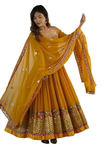 Indya Yellow Embroidered Blended Anarkali Set for Haldi | Long Sleeve | Square Neck | Indian Ethnic Wear