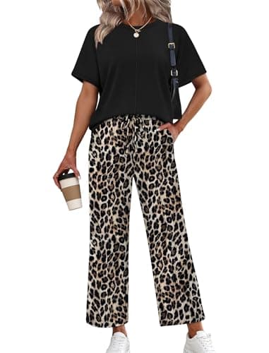 Sampeel Two Piece Sets for Women Summer Casual Spring Vacation Outfits Beach Airport Travel Cruise Resort Wear Leopard Pants Lounge Sets Matching Sets Women's Clothing L