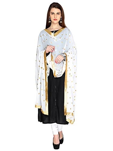 DUPATTA BAZAAR Woman's White Chiffon Dupatta with Gold Embroidery.