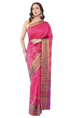 Aarlon Women’s Dola Silk Magenta Saree with Unstitched Blouse Piece Diagonal Stripes and Patola Motifs