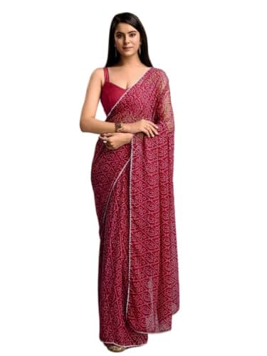 BE4ME.COM Ready to Wear One Min Ready Saree - Pre Draped Pre-Stitched Party, Festive, Wedding Wear With Unstitched Blouse (Maroon Bandhani)