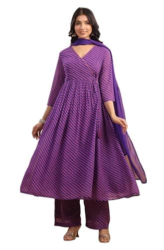 Janasya Indian Women's Georgette Purple Stripes Print Casual Wear Kurta Set for Women