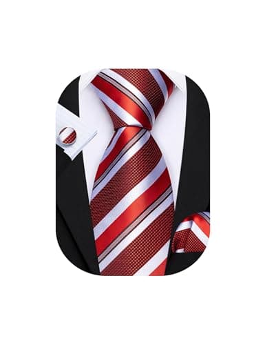 Barry.Wang Red Black White Tie for Men Striped Silk Necktie Pocket Square Cufflinks Set Formal Wedding Party Business