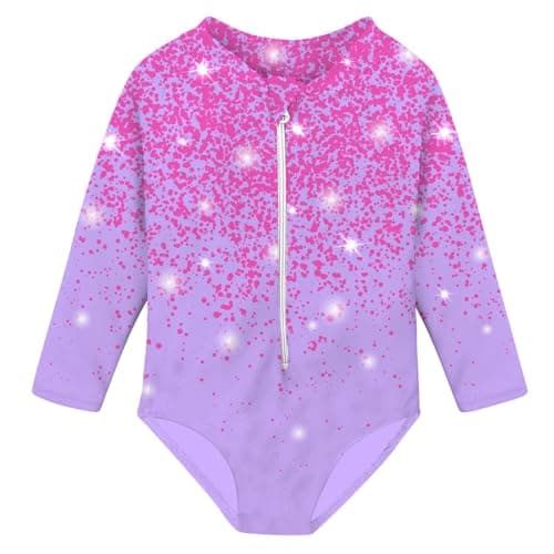 uideazone Long Sleeve Bathing Suits for Girls Size 5 One Piece Rash Guard Swimsuits Pink Purple Stars Print Swimming Suits with Zipper 5-6 Years
