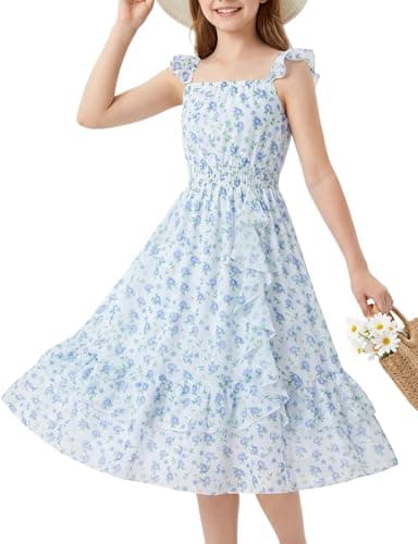 GRACE KARIN Blue Dress for Girls Summer Floral Chiffon Sleeveless Casual Maxi Hawaiian Beach Dresses Size 5-6