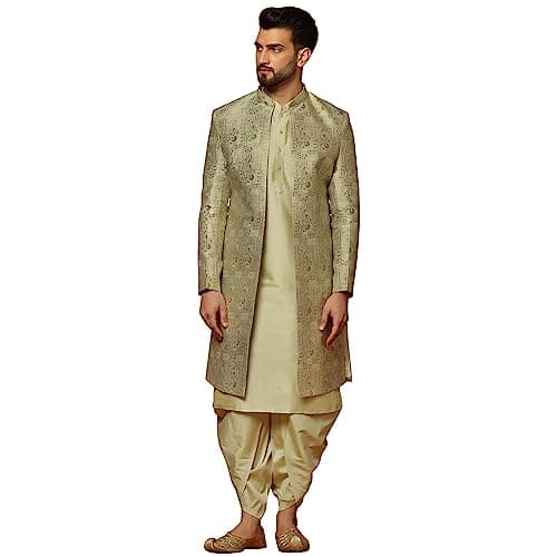 KISAH Men's Olive Green Jacquard Indowestern Sherwani Kurta & Dhoti Set - Regular Fit, Mandarin Collar |Indian Ethnic Wedding & Festive Wear-38