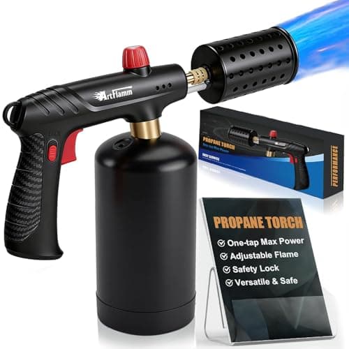ARTFLAMM Propane Torch with Safety Lock, Powerful Cooking Blow Torch Gun for Grill, BBQ, Sous Vide & Charcoal– Adjustable Flame Cooling Vents Design (Tank Not Included)