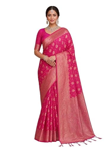 TRENDMALLS Women's Jacquard Silk Rich Woven Zari Border Traditional Saree With Unstitched Blouse Piece (S84-Pink)