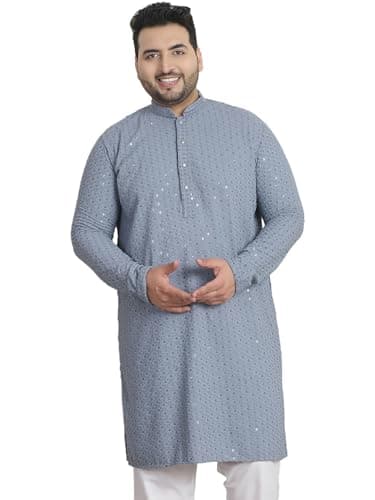 Sojanya PLUS (Since 1958) Men's Cotton Sequinned Embroidered Grey Long Kurta