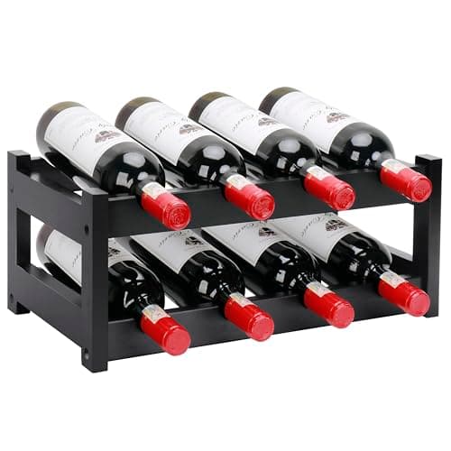 Thalomely Bamboo Wine Rack, 2-Tier 8 Bottles Wine Storage Cabinet Shelf, Easy-Assembly Freestanding Bamboo Wine Racks Countertop for Kitchen Pantry Dining Room Bar, Black