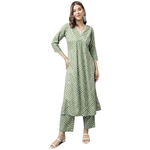 FIORRA Women's Green Cotton A-line Kurta with Palazzo SET0103