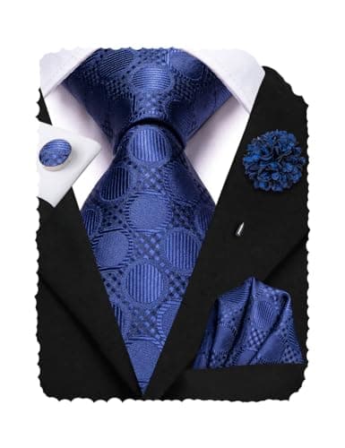 Hi-Tie Navy Novelty Mens Tie Set Silk Woven Necktie with Lapel Pin Pocket Square Cufflinks Set for Wedding Party Business