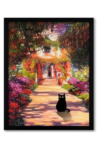 Krtoni Framed Vintage Monet Garden Cat Canvas Wall Art, Famous Oil Paintings Monet Flowers Black Cat Wall Decor, Cute Kitten Lovers Aesthetic Print For Farmhouse Gallery Bedroom Bathroom 10''L x 8''W