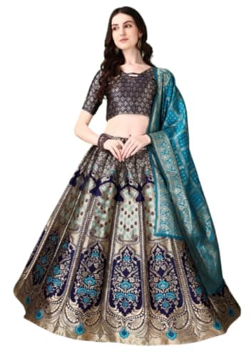 Indya Multi Banarsi Jacquard Lehenga Set for Wedding Lehengas | XL Size | Half Sleeve | Ethnic Wear | Round Neck